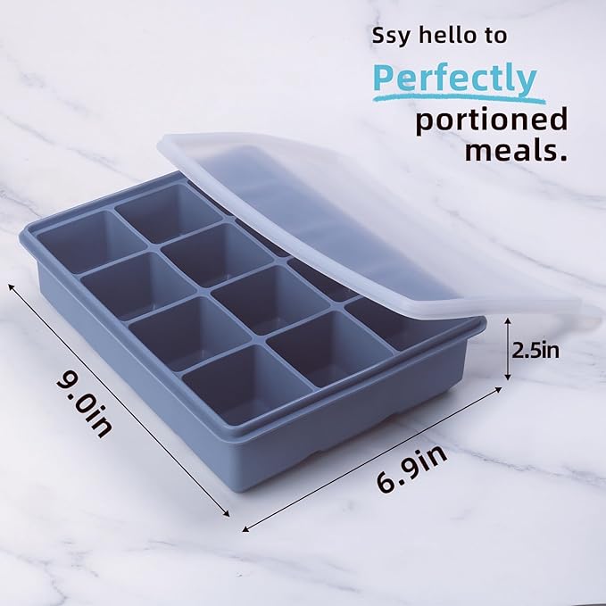 Silicone Freezer Trays with Lids, 1/2 Cup Silicone Soup Freezer Molds Set of 1, for Freezing Soups Sauces and Individual, Microwave safe, Makes 12 Perfect 1/2 Cup Portions Cubes (Blue 1 Pack)