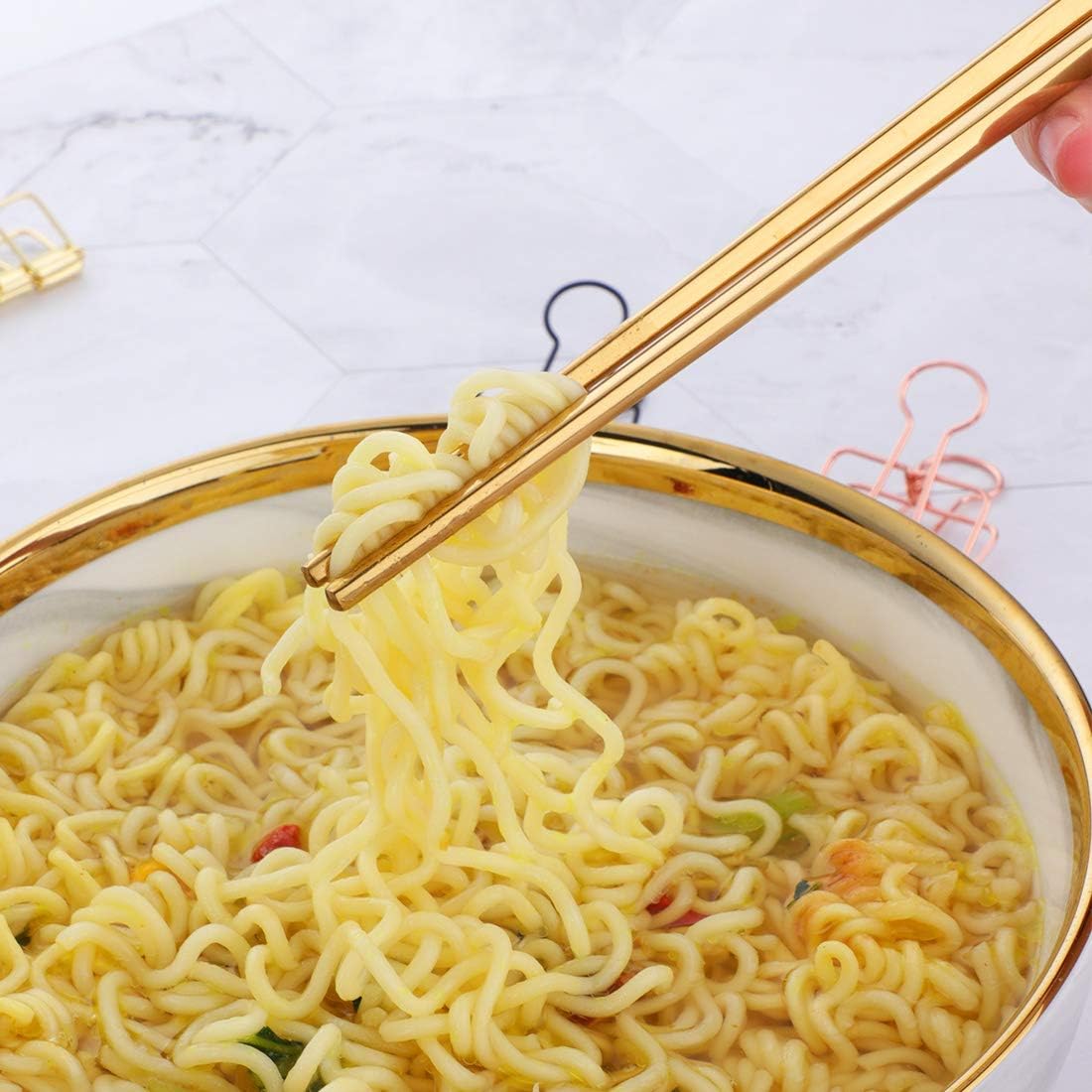 Buyer Star 5-Pair Gold Stainless Steel Chopsticks - Reusable Chinese Square Chopsticks