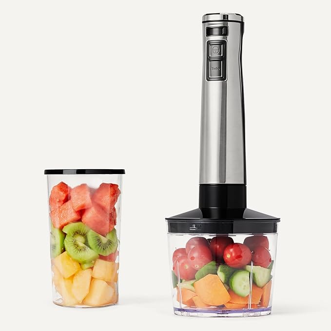Amazon Basics 500 Watt Multi-Speed Immersion Hand Blender with Attachments, Corded, Silver