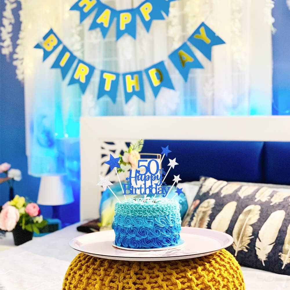 Glittery 50th Happy Birthday Cake Topper with Star,Personalised 50 Birthday Cake Toppers Party Decorations Party Supplies for Men Women Blue