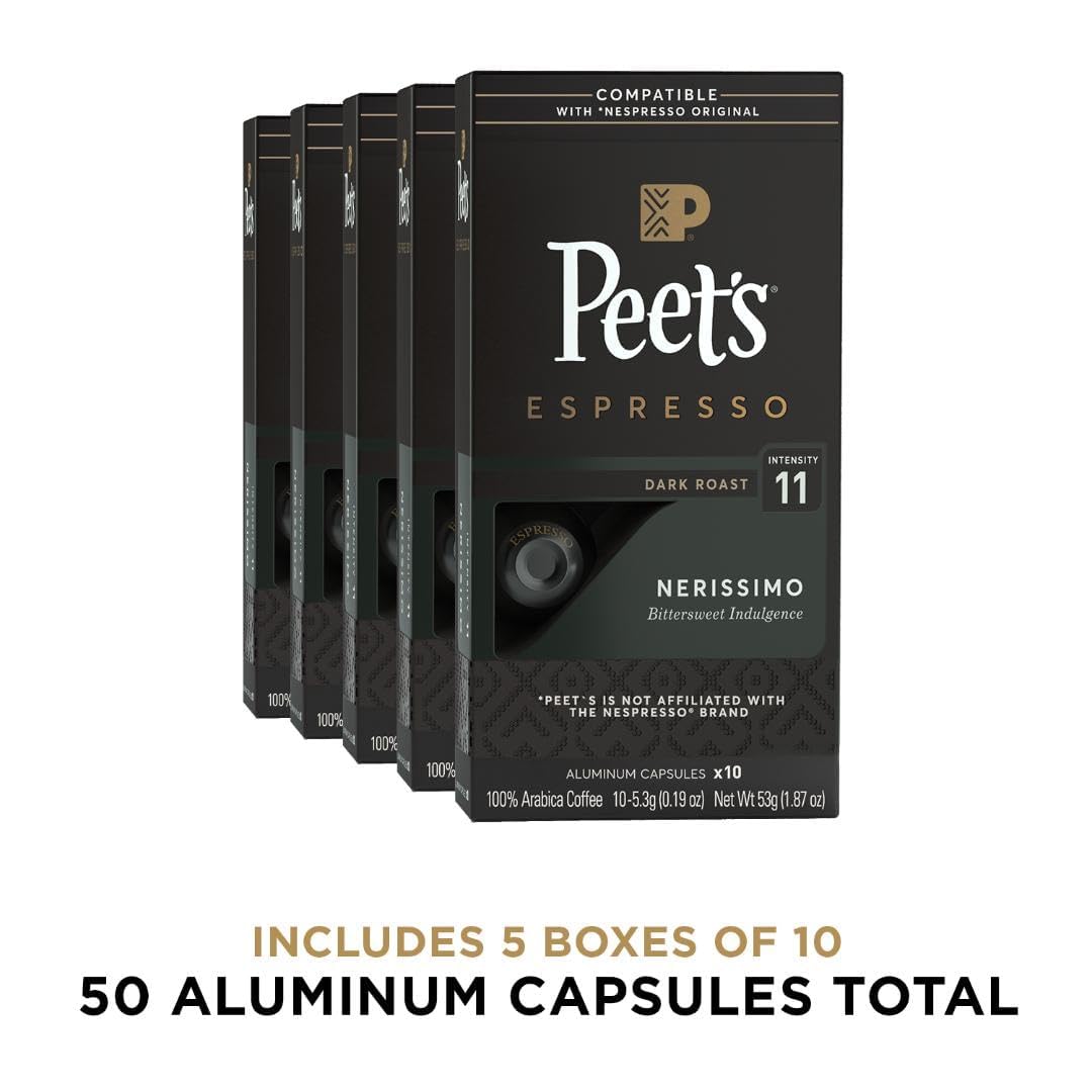 Peet's Coffee, Dark Roast Espresso Capsules, Compatible with Nespresso Original Machine - Nerissimo Intensity 11, 50 Count (5 Boxes of 10 Espresso Capsules)