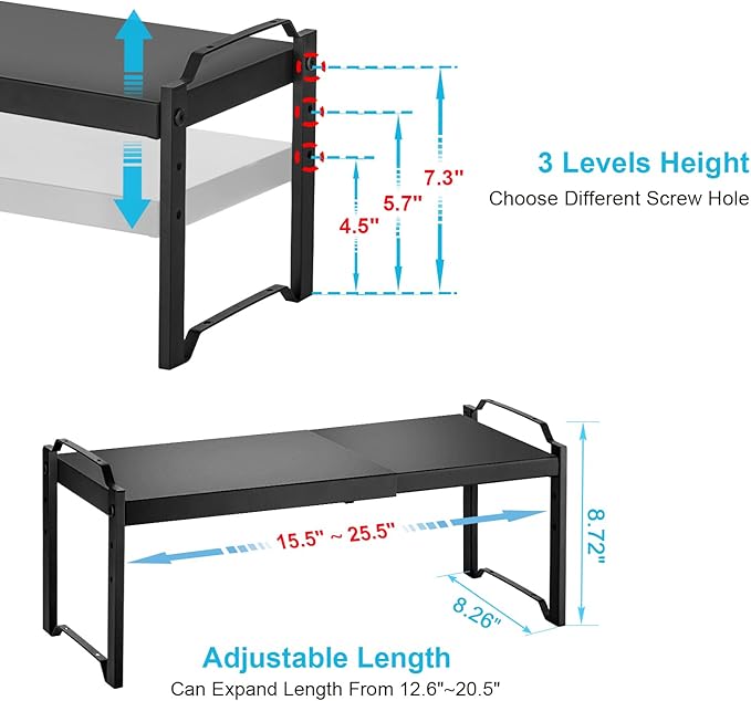 25.5 Inches 2 Pack Expandable Cabinet Shelves, Stackable Shelf Organizer For Kitchen Cabinet Countertop Storage, Adjustable Counter Cupboard Pantry Organizer Shelf Rack Stand Riser, Black