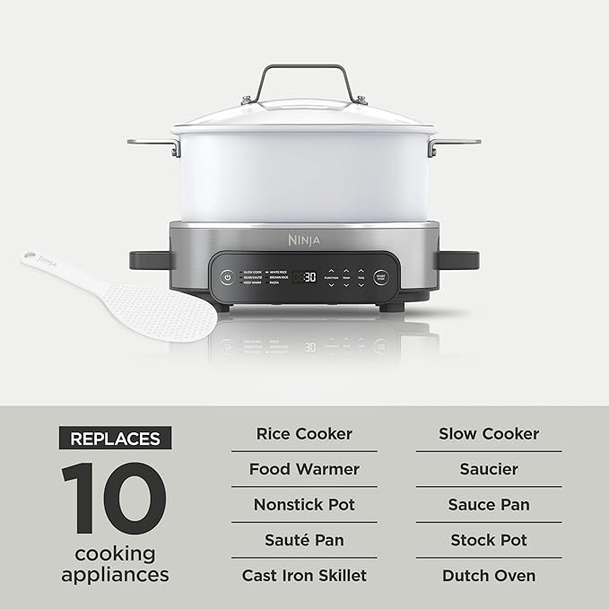 6.5 Quart Stainless Steel Multi-Cooker – Programmable Slow Cooker, Pressure Cooker & More, One-Pot All-in-One Cooker with Digital Controls & Accessories (White) Ninj-a