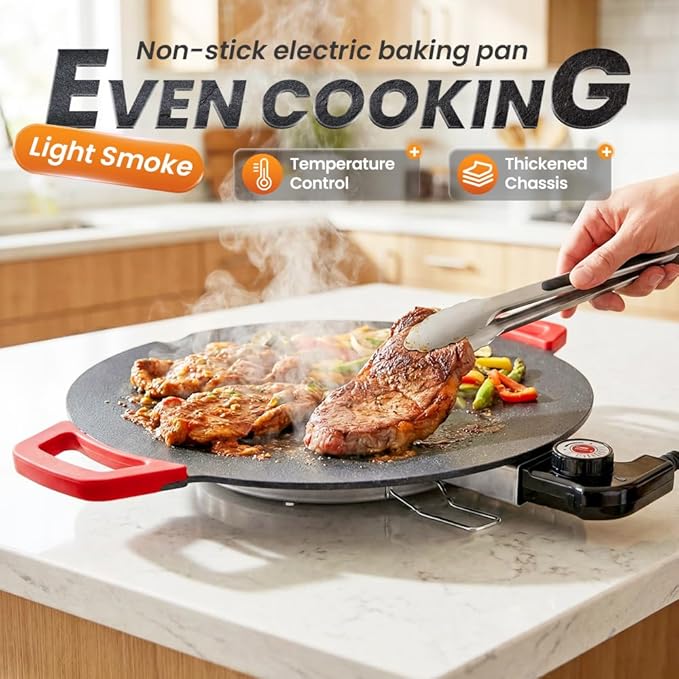Electric Indoor Smokeless Non-stick Grill Pan, 2026 Upgraded Smokeless Indoor Electric Grill & Nonstick Griddle Compact & Versatile Cooking for Steaks, Pancakes, and BBQ (14 Inches)