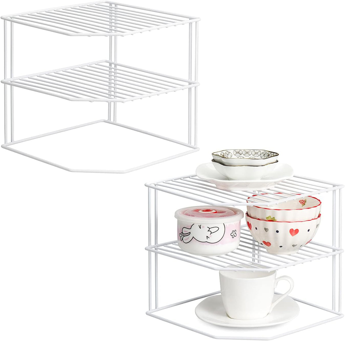 ROFAY Kitchen Cupboard Organiser, 3 Tier White Corner Plate Rack for Kitchen Cupboard Storage - Cupboard Shelf Insert Organiser (Pack of 2)