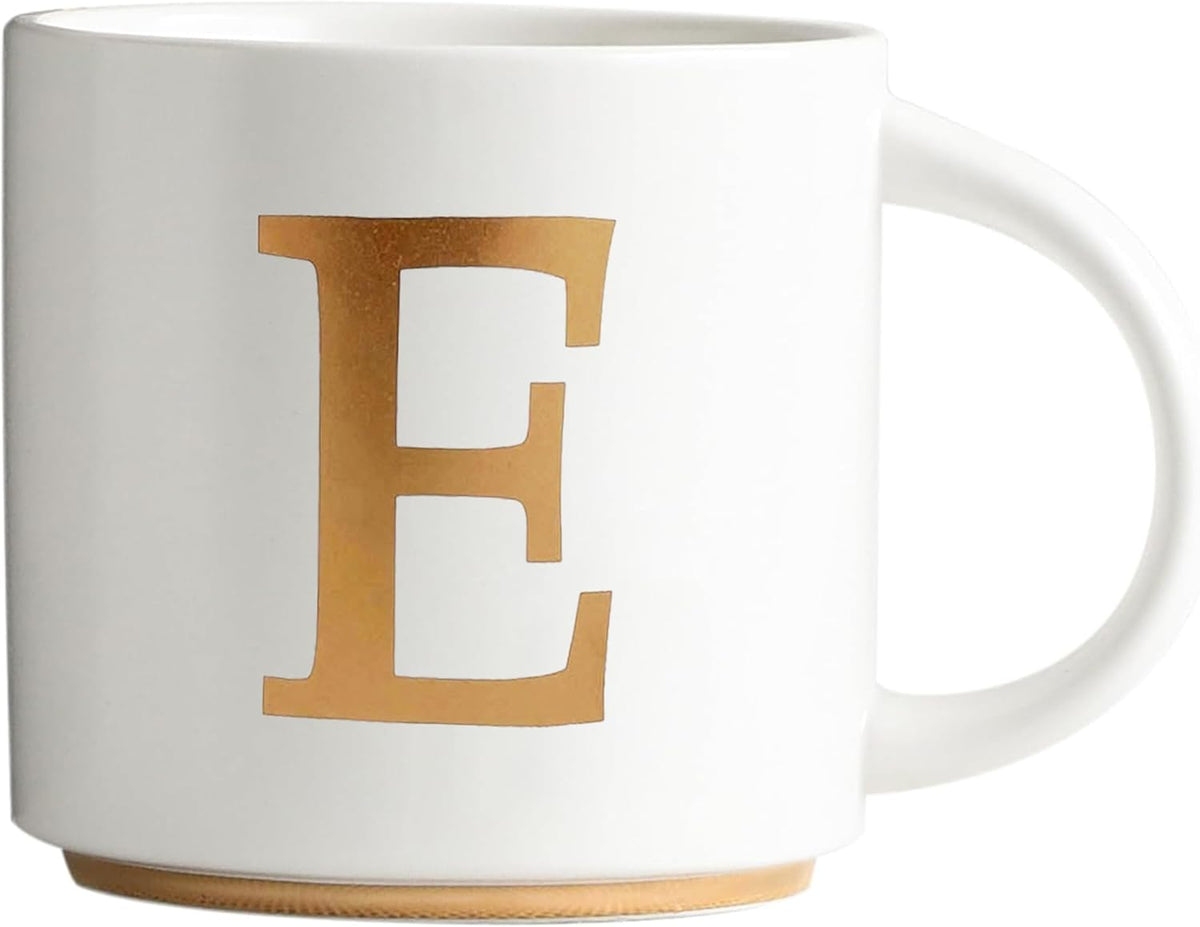 COLLECTIVE HOME - Monogram Ceramic Mugs, 15 oz Golden Initial Coffee Cups, Elegant Alphabet Tea Mugs, Elegant Personalized Mug with Gift Box, Unique Mug with Double Side Capital Letter (E)