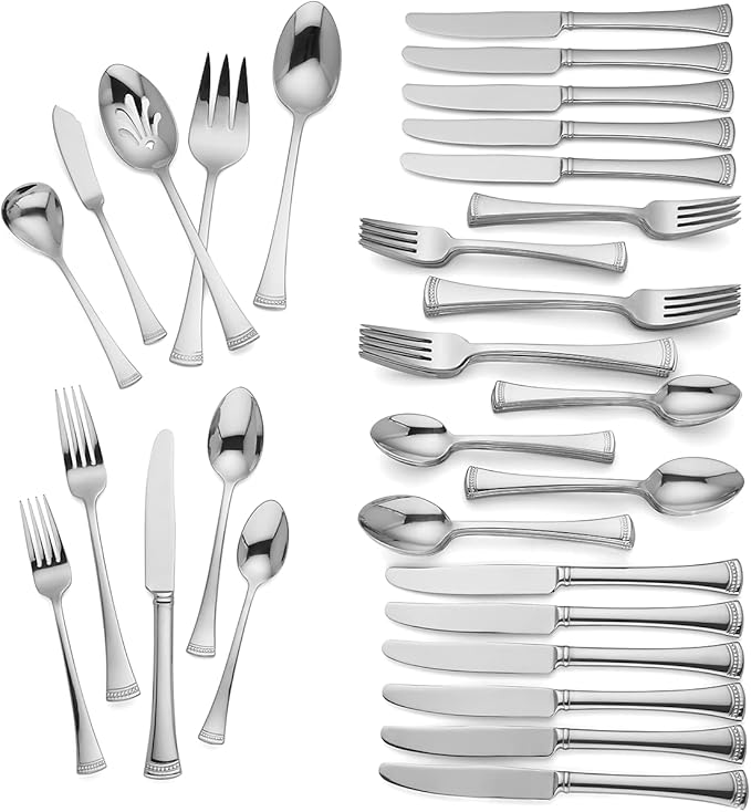 Lenox Silverware Set For 12, Portola 65-Piece Flatware Set with Serving Utensils, Service For 12, 18/10 Stainless Steel Flatware, Dishwasher Safe, Knives Spoons and Forks (Silver, 65 pieces)