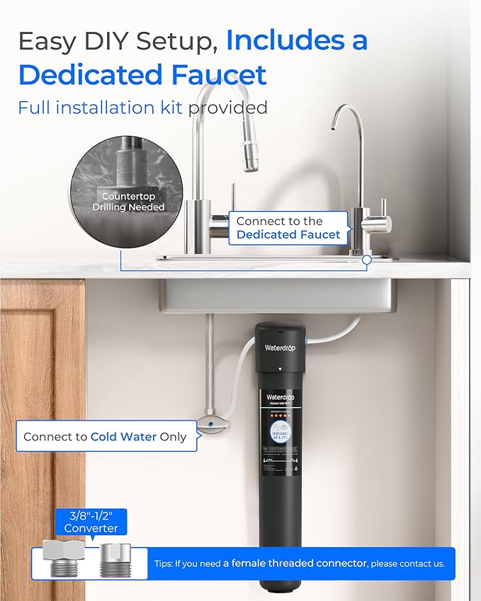 Waterdrop 17UB Under Sink Water Filter, 3 Years, Under Sink Water Filtration System, NSF/ANSI 42 Certified, Reduces PFAS, PFOA/PFOS, Lead, Under Sink Water Filter with Faucet
