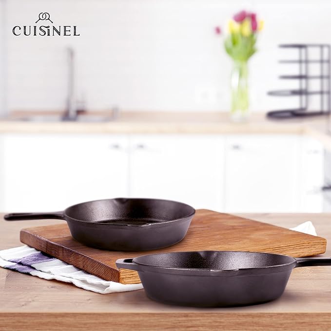 Cuisinel Cast Iron Skillet Set - 8" + 12"-Inch Frying Pan + Glass Lids - Pre-Seasoned Cookware - Heat-Resistant Holders - Indoor/Outdoor Use - Camping, Grill, Stove, BBQ, Firepit, Induction, Oven Safe
