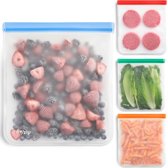 (re) zip Gallon Reusable Bags – BPA-Free, Leak-Proof, 100% Food-Safe PEVA Reusable Gallon Bags for Food Storage, Meal Prep, and Freezer Use, Holds 16 Cups / 128 Fl Oz | 4-Pack (Multi Color)