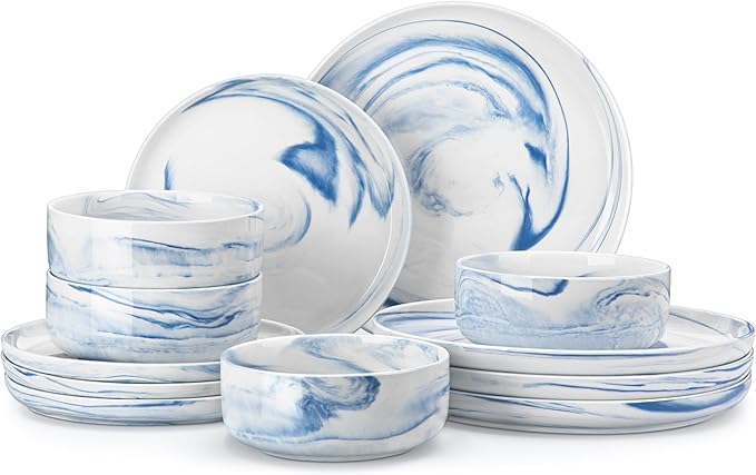 MALACASA Plates and Bowls Sets, 12 Pieces Porcelain Dinnerware Sets Dishware Sets Chip Resistant Ceramic Dish Set Dining Dinner Ware Service for 4, Marble Blue, Series LUNA