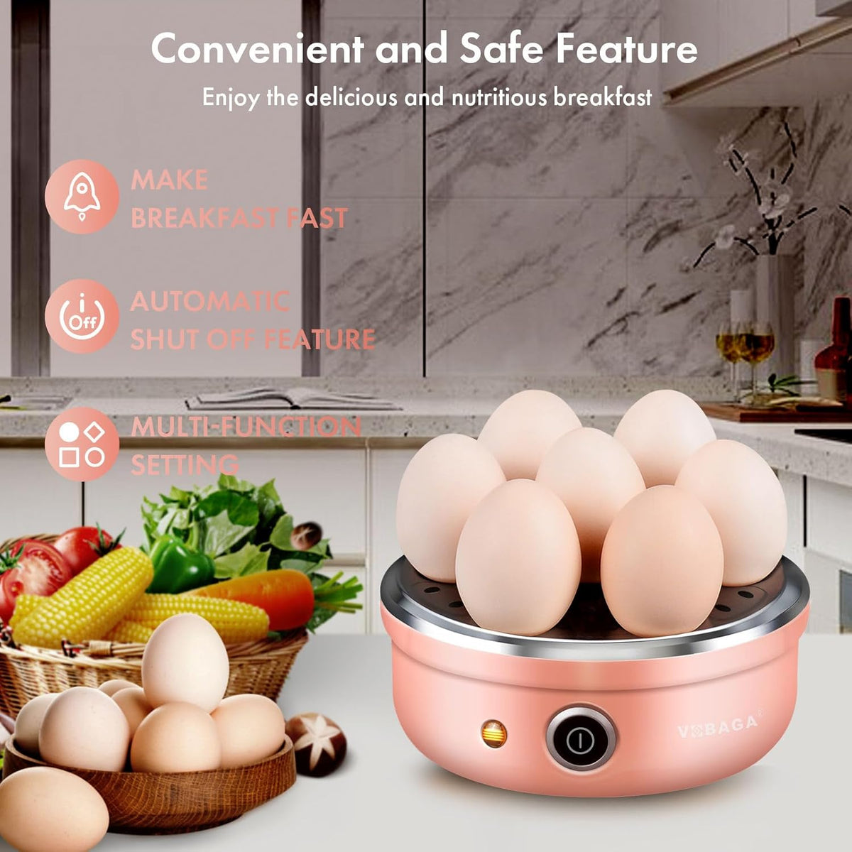 VOBAGA Electric Egg Cooker, Rapid Egg Boiler with Auto Shut Off for Soft, Medium, Hard Boiled, Poached, Steamed Eggs, Vegetables and Dumplings, Stainless Steel Tray with 7-Egg Capacity, Pink