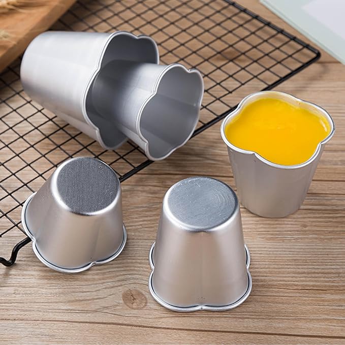 6 Packs Popover Pan, Aluminium Pudding Tin Cup Baking Maker, Individual Muffin Chocolate Molten Brownie Tumbler Raspberry Souffle Cupcake Moulds - Five-Petaled Flower Pudding 3"x 2.4"