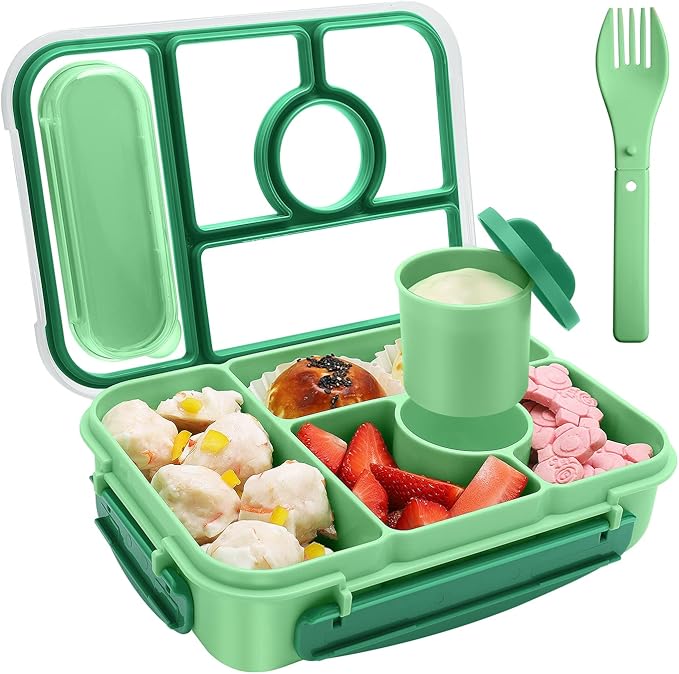 Amathley Bento Box Adult Lunch Box Kids,Lunch Containers for Adults/Kids/Toddler,5 Compartments Bento Lunch Box with Sauce Vontainers,Microwave & Dishwasher & Freezer Safe,BPA-Free (Green)