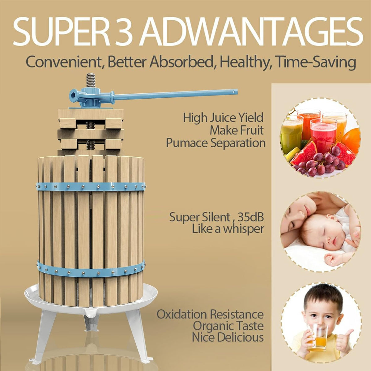 SQUEEZE master Fruit Apple Cider Wine Classic Press-Blue-4.75 Gallon/18L-Solid Wood Basket-Vintage traditional juicer-Pole Handle Bar for Juice,Wine,Cider-1 free filter bag included