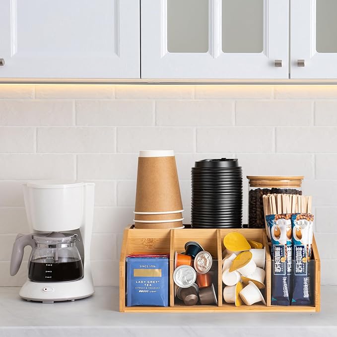 Bamboo Coffee Station Organizer for Countertop, Coffee Bar Accessories Organizer with 6 Compartments for Tea Bags Condiment, Pods, Creamer, Stirrer, Syrup, Cups
