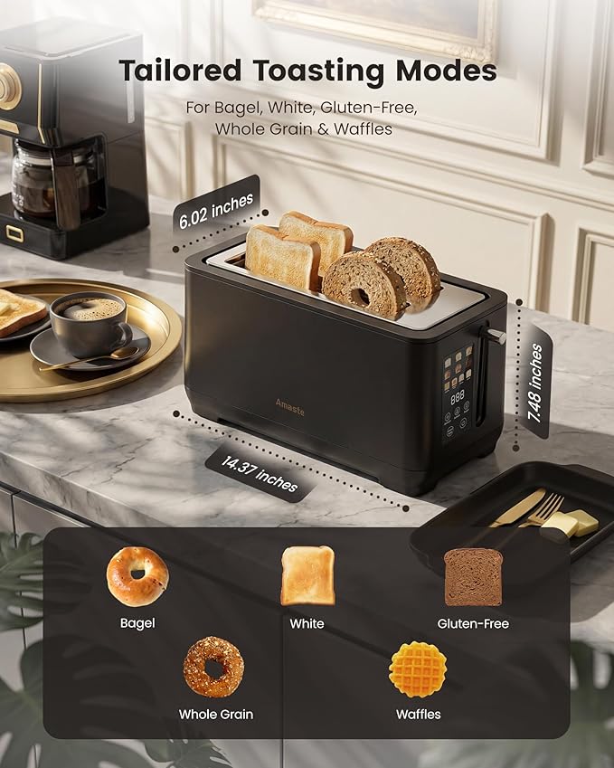4 Slice Toaster, Long Slot Touch Screen Retro Toaster with Digital Countdown, Extra-Wide Slots for Bagels & Artisan Bread, 6 Browning Levels, 5 Bread Modes, Defrost Reheat Cancel, Stainless Steel