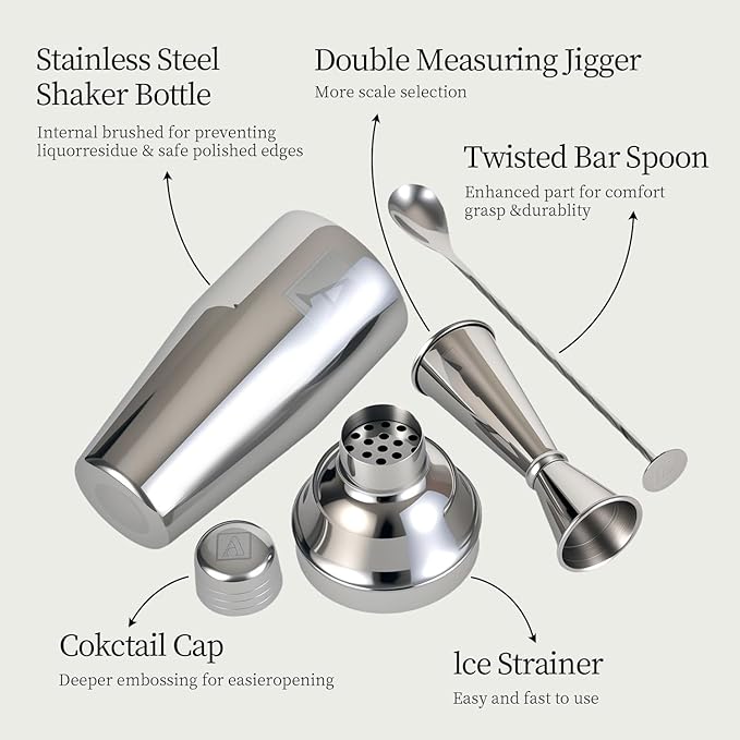 24oz Cocktail Shaker Set with 1 oz 2oz Jigger - Monogramm Initials Martini Shaker Set - 304 Stainless Steel Bar Shaker for Margarita,Mojito-Personalized Gift for Friend,Husband-S