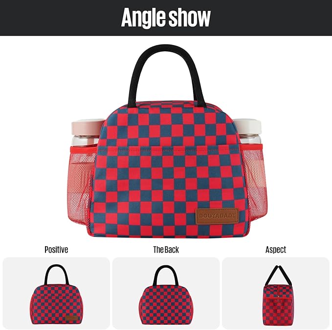 douyadady Lunch Bag Women/Men Lunch Box Women/Men (Dark blue+Red Checkerboard)