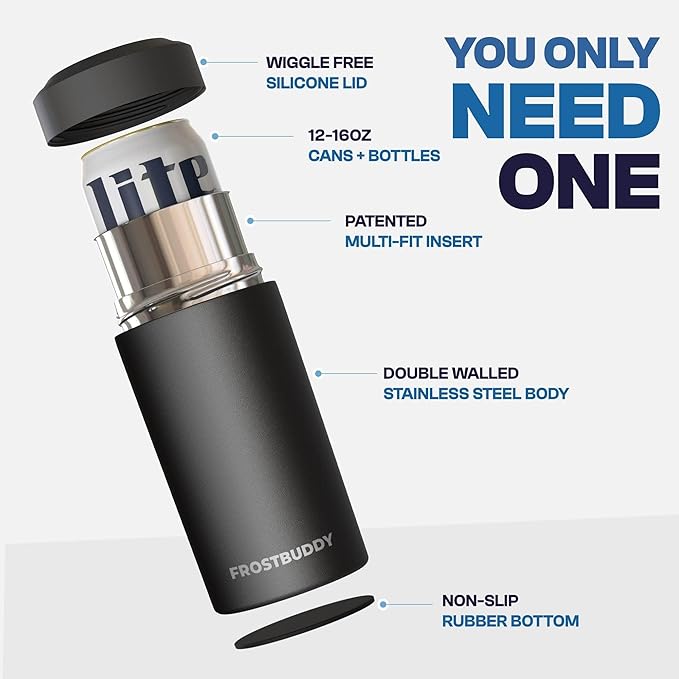 Frost Buddy Universal Can Cooler - Fits all - Stainless Steel Can Cooler for 12 oz & 16 oz Regular or Slim Cans & Bottles - Stainless Steel (Vanilla Ice Cream)