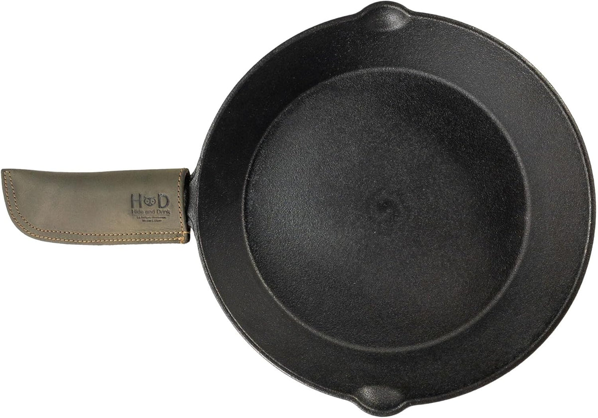 Hide & Drink, Hot Handle, Cast Iron Protector, Panhandle Potholder, Double Layered, Double Stitched, Slides On/Off Easily onto Metal Skillet Grips, Full Grain Leather, Handmade, Dark Jade