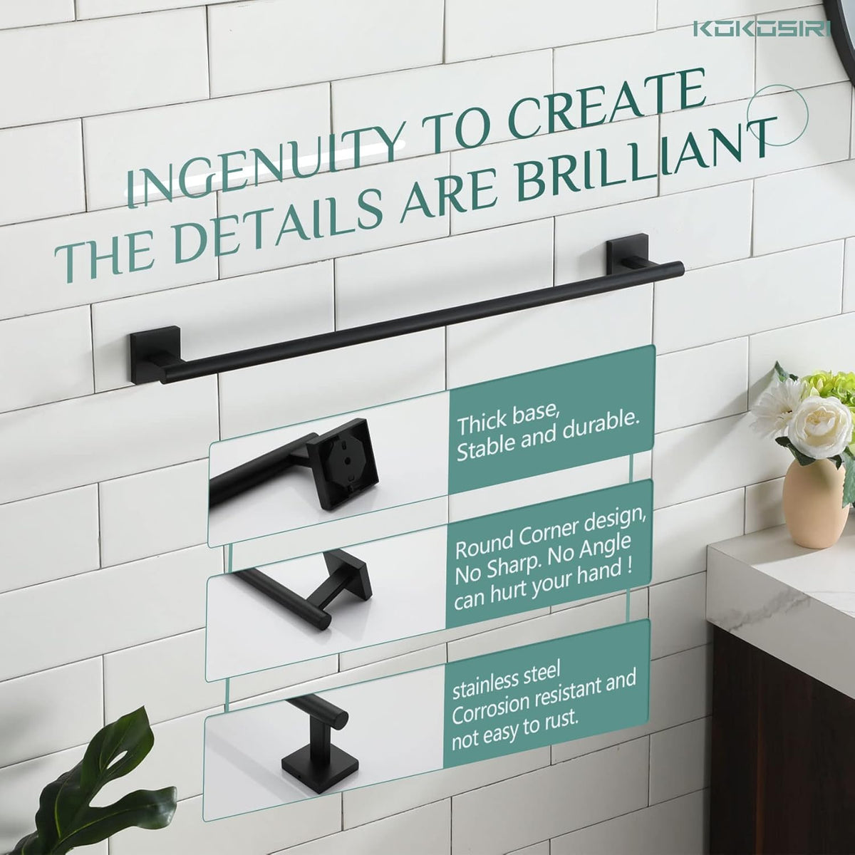KOKOSIRI Towel Rails Bathroom Towel Bars Matte Black 24 Inch Bath Towel Holder for Cabinet Kitchen Wall, 2 Pack Stainless Steel B4005BK-L24-P2