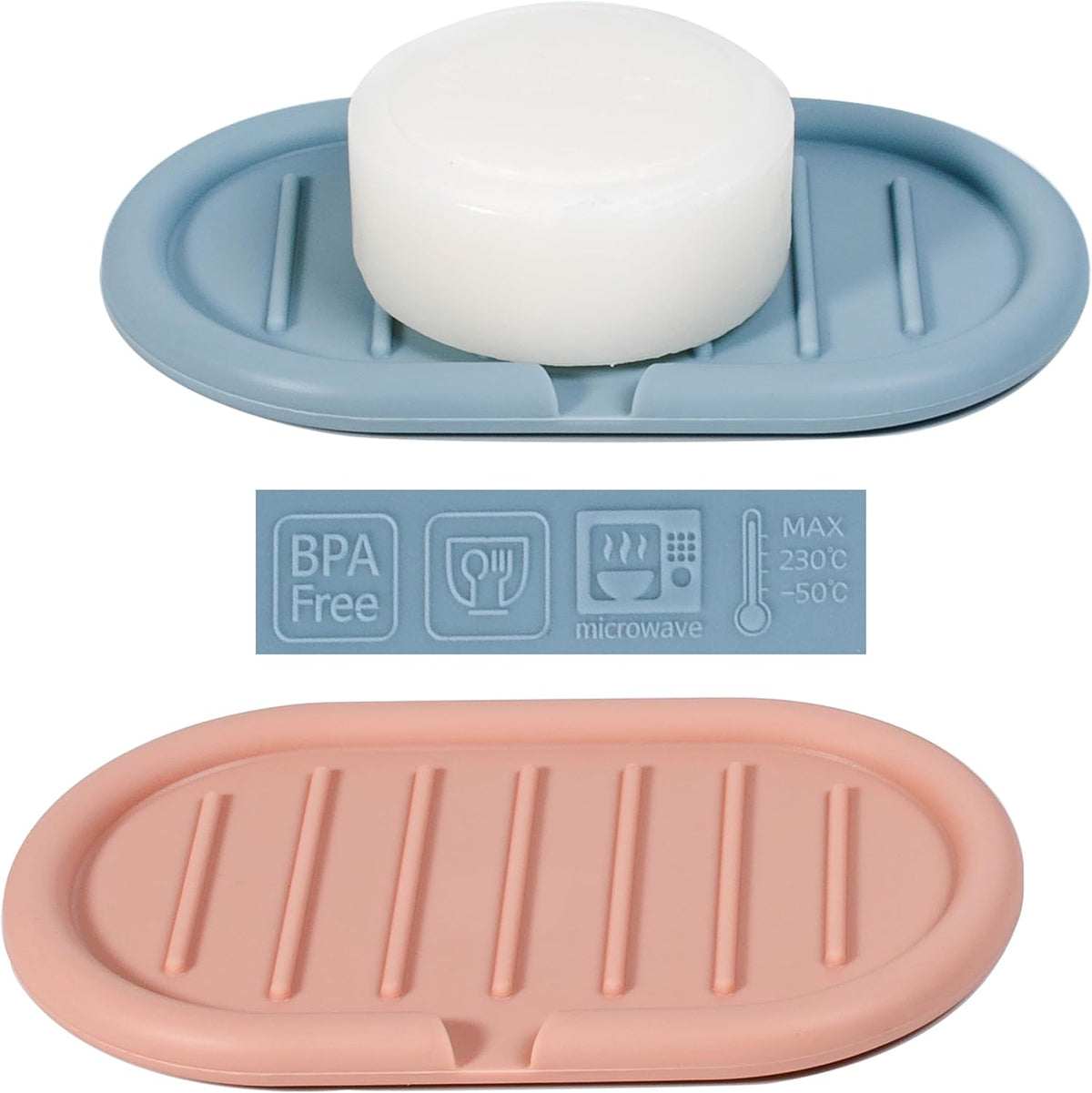 Self-Draining Oval-Shaped Silicone Soap Dish, Soap Holder/Tray/Saver for Shower, Bathroom, Kitchen, Keep Soap Dry, Easy to Clean (2, Light Color)