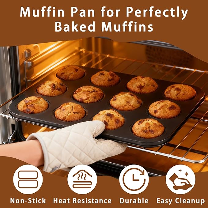 2 Pack Muffin Pans for Baking, Large Muffin Pan 12 Cup, Premium Steel with Nonstick Coating, Easy to Clean, Durable Bakeware for Even Baking, Perfect for Muffins and Cupcake, Black