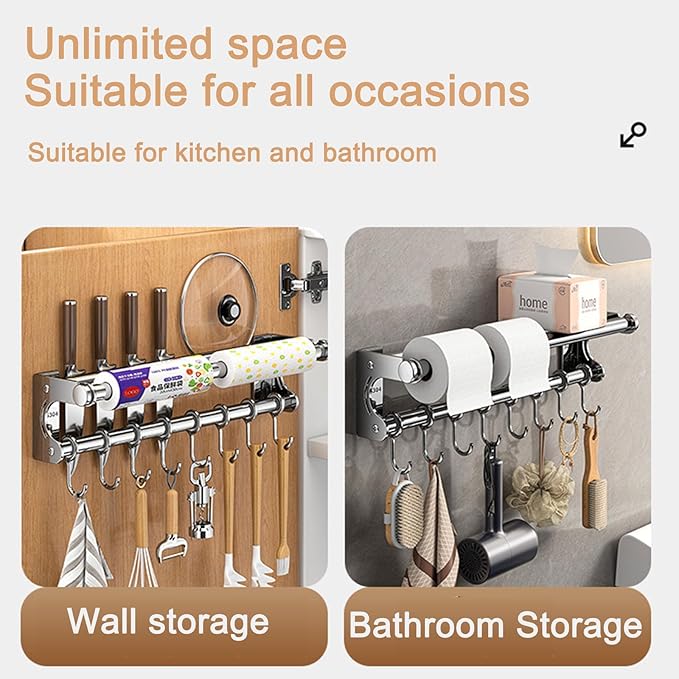 Silver 40CM+8Hook Modern Kitchen Utensil Hanger, Space-Saving Wall Mount Knife Wall Mount, Kitchen Storage Shelf with Hooks, Easy to Clean