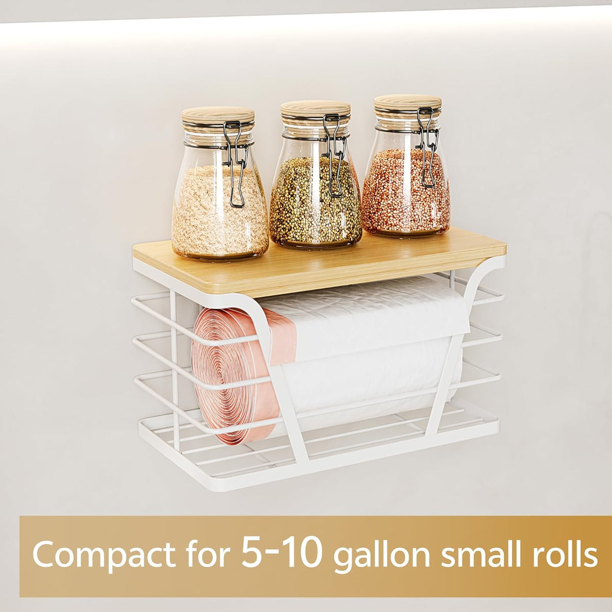 Small Grocery Bag Holder, Trash Bag Dispenser with Removable Bamboo Top, No Drill,White