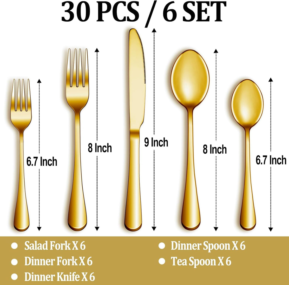 30 Pcs Gold Silverware Set Service for 6, Premium Stainless Steel Flatware Set, Cutlery Utensil Set, Durable Home Kitchen Eating Tableware Set, Include Fork Knife Spoon Set, Dishwasher Safe