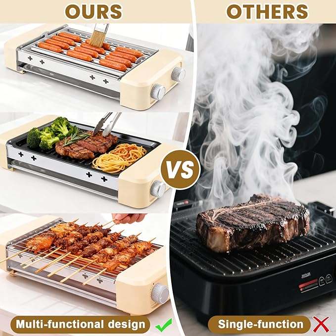 Electric Hot Dog Roller 3 in 1 Indoor Grills Portable with Non-stick & Smokeless Removable Grill & BBQ Griddle Plate, Stainless Sausage Grill Cooker Machine Fits 9 Sausage for Family Party