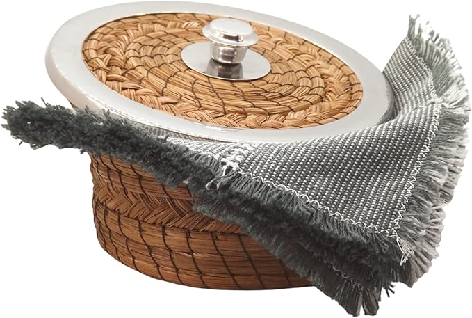 Authentic Mexican Tortilla Warmer Basket - Pine Needle Handwoven with Handloomed Cloth (7" Metal Rim w cloth)