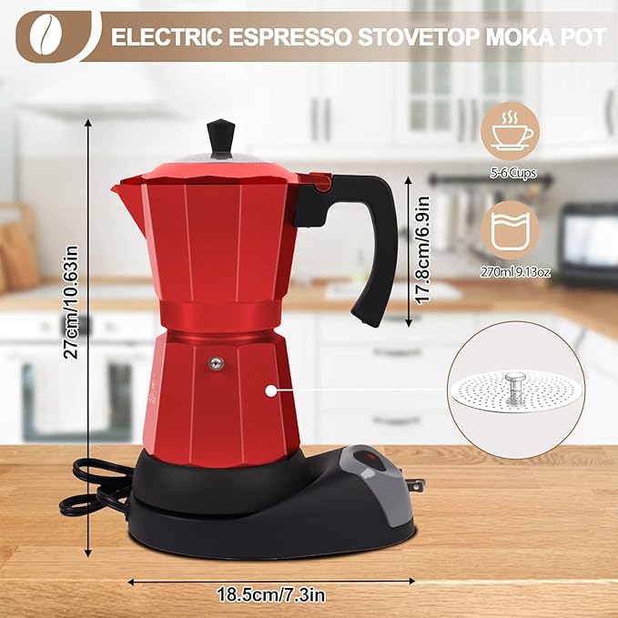 Aluminum Electric Moka Pot 5-6 Cup 270ml Express Coffee Maker Stovetop Espresso Portable Coffeemaker Italian Classic Brewing Greca Cafe Mocha with Removable Base and Overheating Protection Machine