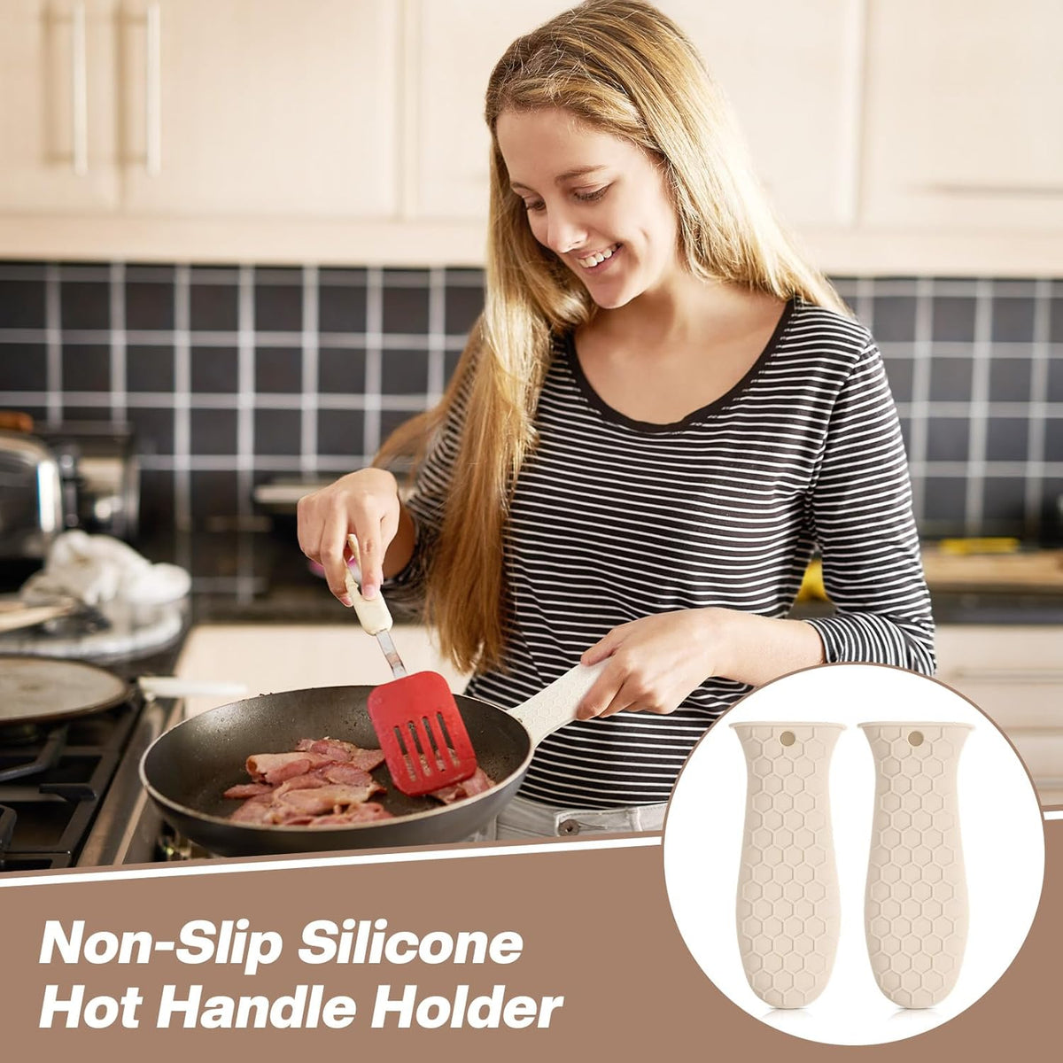 Patelai 2pcs Silicone Handle Cover for Cast Iron Skillet Kitchen Silicone Handles for Pots and Pans Non-Slip Pot Holder Sleeve for Fry Pan Griddles Metal Aluminum Cookware(Beige)