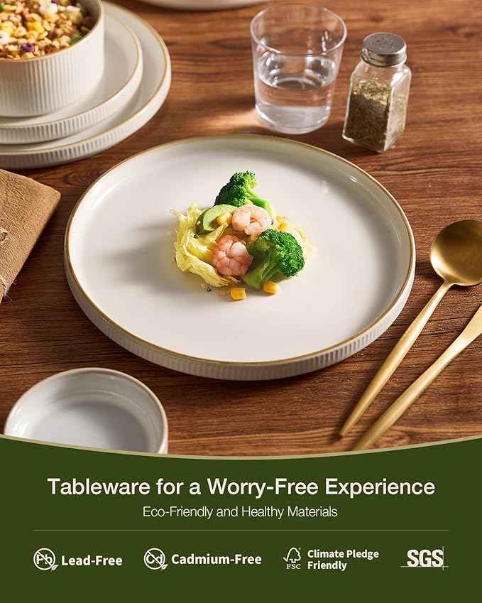 Famiware Star Dinnerware Set with Mugs, Service for 6 (24 Pieces), Ribbed Stoneware Plates and Bowls Dishes Sets with Trim - Chip & Scratch Resistant, Microwave & Dishwasher Safe, White
