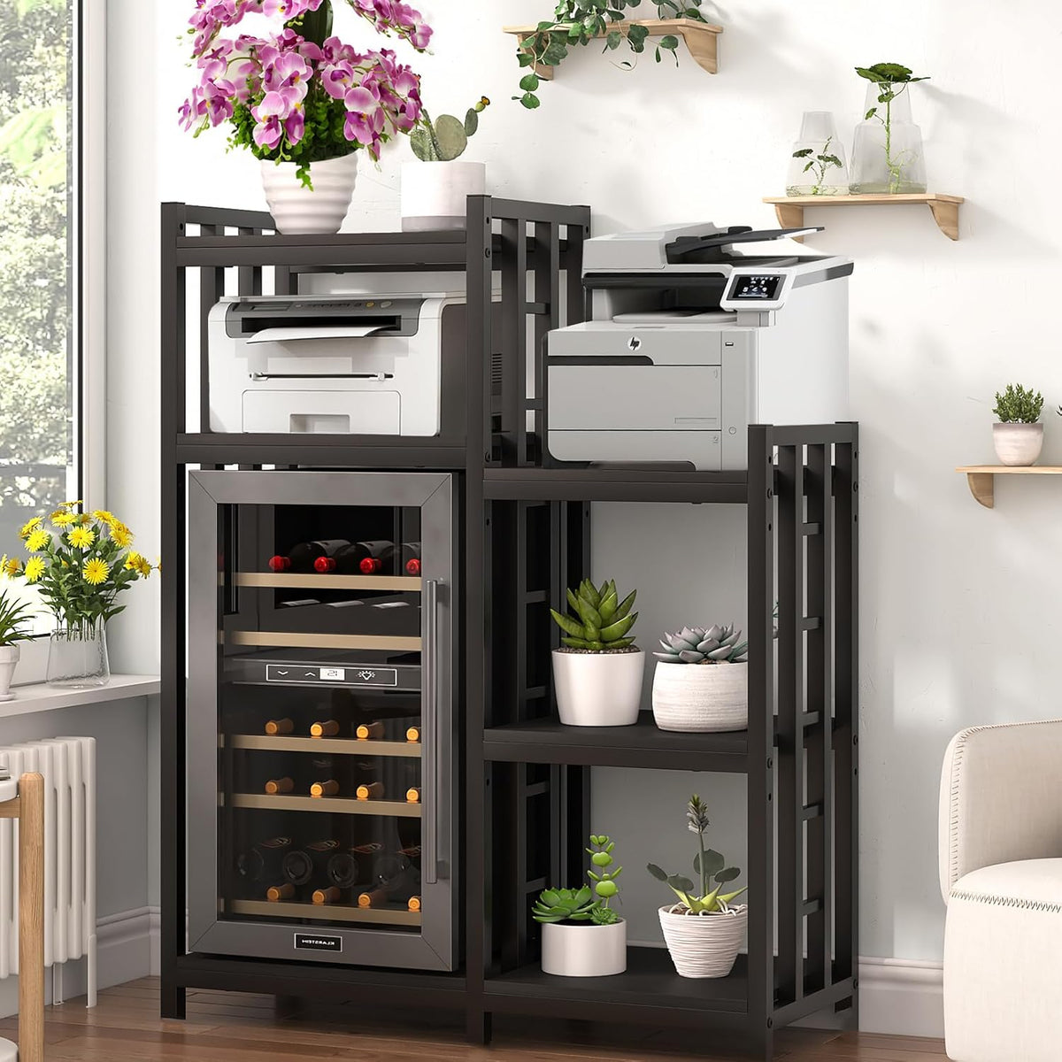 BRIGHTSHOW Kitchen Storage Shelf Bakers Rack, 6-Tier Coffee Bar Table, Kitchen Microwave & Mini Fridge Stand Shelves for Spices, Pots and Pans (52 x 40 x 17.5inch) (Black Wooden no Wheels)