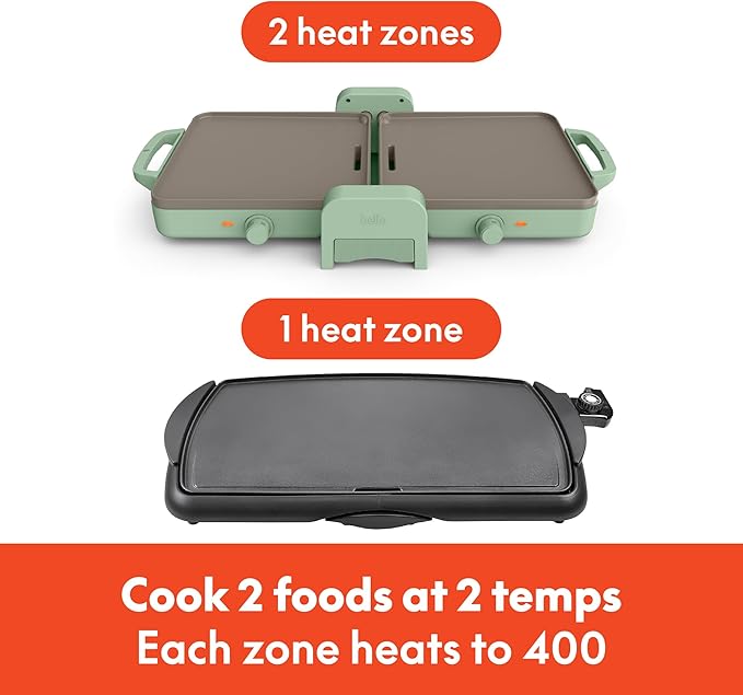 Bella 10"x 20" Ceramic Fold-n-Store Dual Temp Griddle, Fits-anywhere™ Kitchenware, EverGood Ceramic Nonstick Coating, 2 Temperature Zones up to 400°F, Dishwasher Safe Drip Tray, 1500 Watt, Seaglass