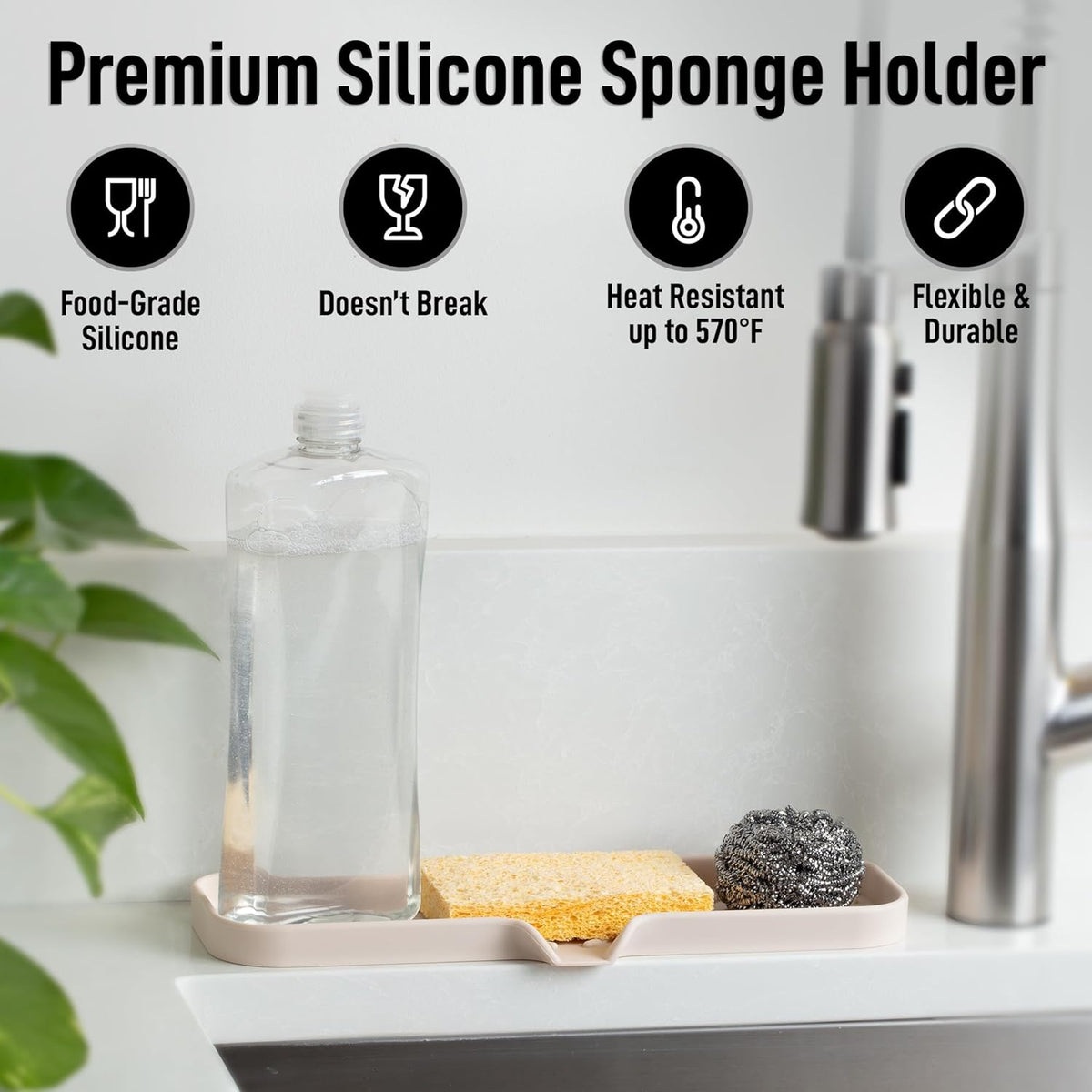 Zulay Kitchen Large Silicone Sponge Holder (12x4) – Flexible Sink Organizer Tray for Kitchen & Bathroom – Multipurpose Soap Dish for Sponges, Makeup, Trinkets & More (Ivory)