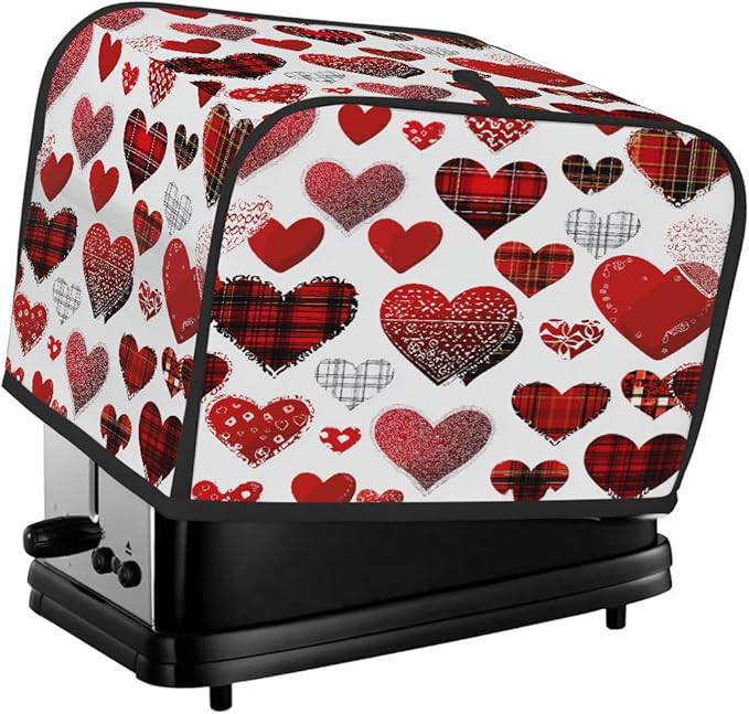 2 Slice Toaster Cover,Valentine's Day Buffalo Heart Small Kitchen Appliance Bread Machine Cover with Pockets,Dust & Fingerprint Protection