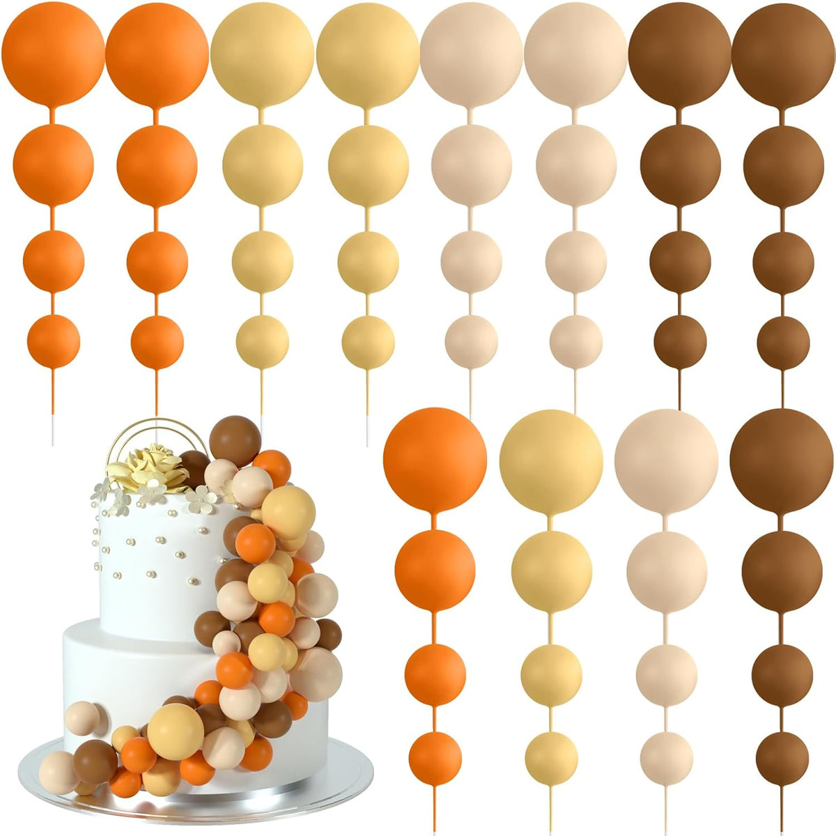 48 Pcs Balls Cake Topper Decorations Balloon Cupcake Toppers Foam Cake Topper Balls Cake Balls Decorations for Birthday Party Wedding Cake Decorating (Orange, Yellow, Apricot, Khaki)