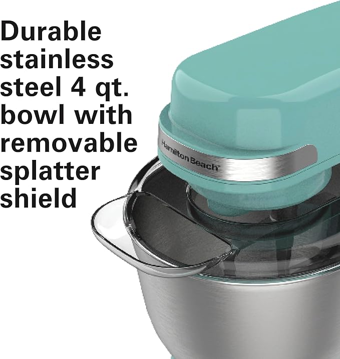Hamilton Beach Electric Stand Mixer, 4 Quarts, Dough Hook, Flat Beater Attachments, Splash Guard 7 Speeds with Whisk, Aqua