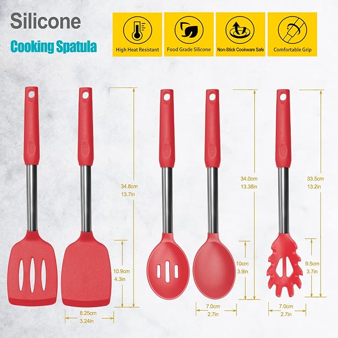 Silicone Spatula and Cooking Spoon,5 Pack Non-Stick Cooking Utensils for Kitchen，Heat Resistant Solid & Slotted Spoons and Spatulas, Stainless Steel Handle Coated with Silicone,Red