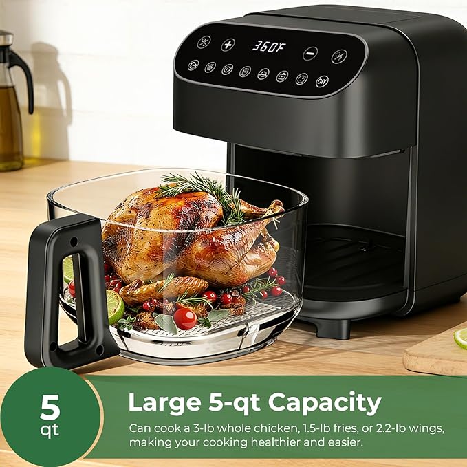 5 Quart Glass Air Fryer, Non Toxic & Uncoated High Borosilicate Glass Basket, Airfryer with Transparent Fry Bowl, 8 Preset Modes, PTFE/PFAS Free, BPA-Free, Dishwasher Safe, Black