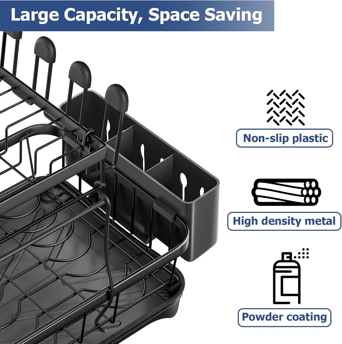 Dish Drying Rack 2-Tier Dish Racks for Kitchen Counter, Adjustable Spout Auto-Draining Dish Rack, Large Capacity for Plates, Bowls, Cups, Tableware，Dish Drainer with Drainboard,Black