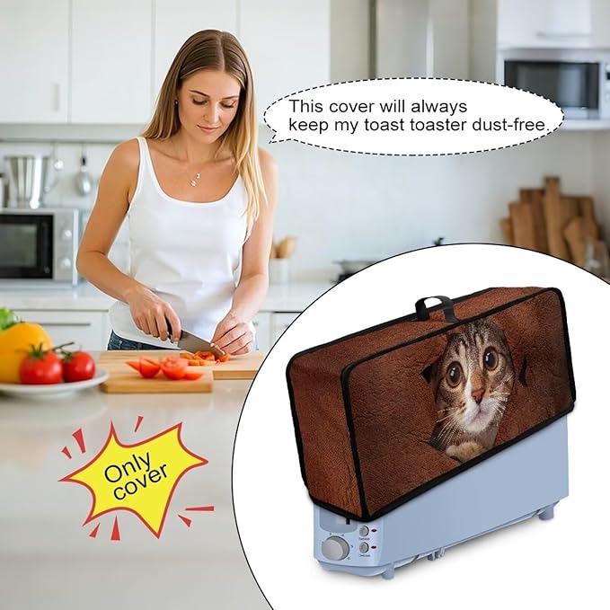 Cat Toaster Cover 2 Slice Brown Fabric Toaster Cover 2 Slice Long Slot, Easy to Fold and Store, Heat-Resistant Protective Dust Covers for Kitchen Appliances