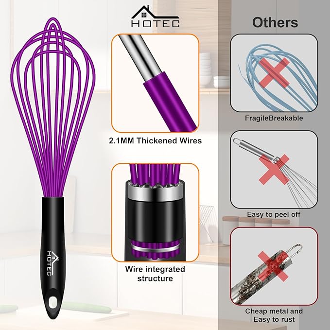 HOTEC 4 Pieces Silicone Whisks for Cooking, Wire Balloon Whisks Egg Beater, Non-slip Handle Whisk for Non-stick Cookware Perfect for Cooking, Stirring, Beating and Blending (Purple)