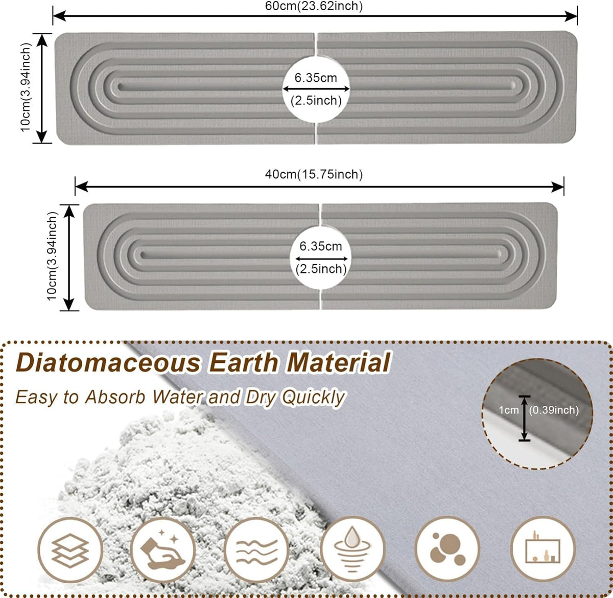 Faucet Mat for Kitchen Sink, Diatomite Super Absorbent Fast Drying Stone Sink Tray for Bathroom Kitchen Sink Splash Guard(Square Grey,23.6x3.9in)