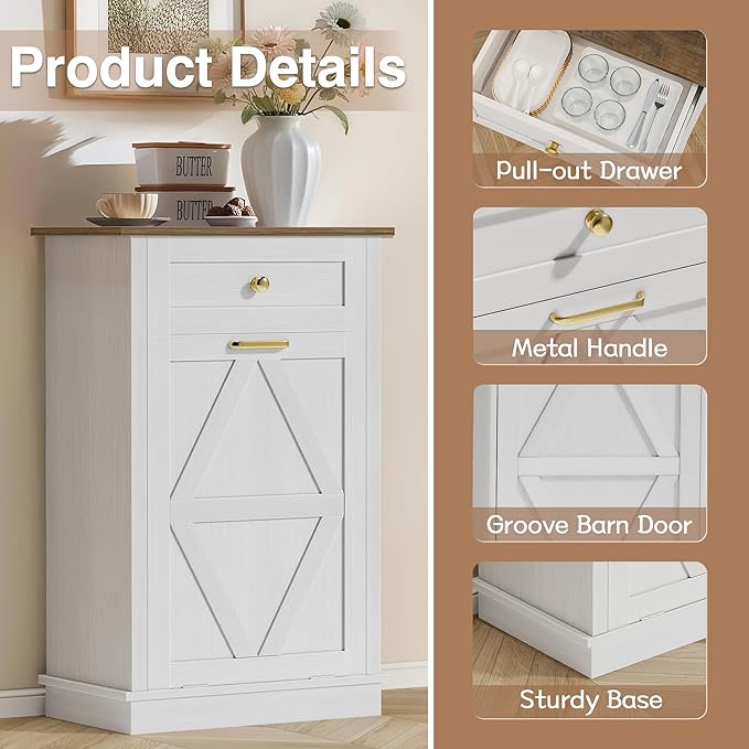 JUMMICO Tilt-Out Trash Can Cabinet, 10 Gallon Laundry Hamper Cabinets with Drawers, for Kitchen, Dining Room and Living Room (White, 2 Piece)
