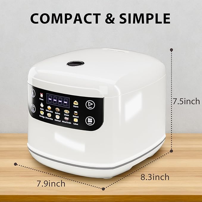 Portable Digital Rice Cooker, 6-Cup (Uncooked)/12-Cup (Cooked) Small Rice Maker with Steaming Basket, Mini Rice Cooker with 2L Removable Nonstick Inner Pot, 10 Menu Options, Auto Keep Warm, 24 Hour Delay Timer, White